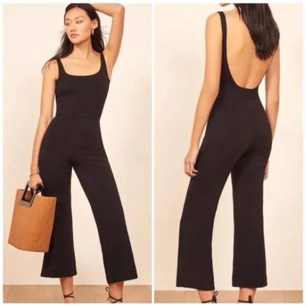 Reformation Rylee Black Jumpsuit L Wide Ankle Crop Leg Stretch Tencel